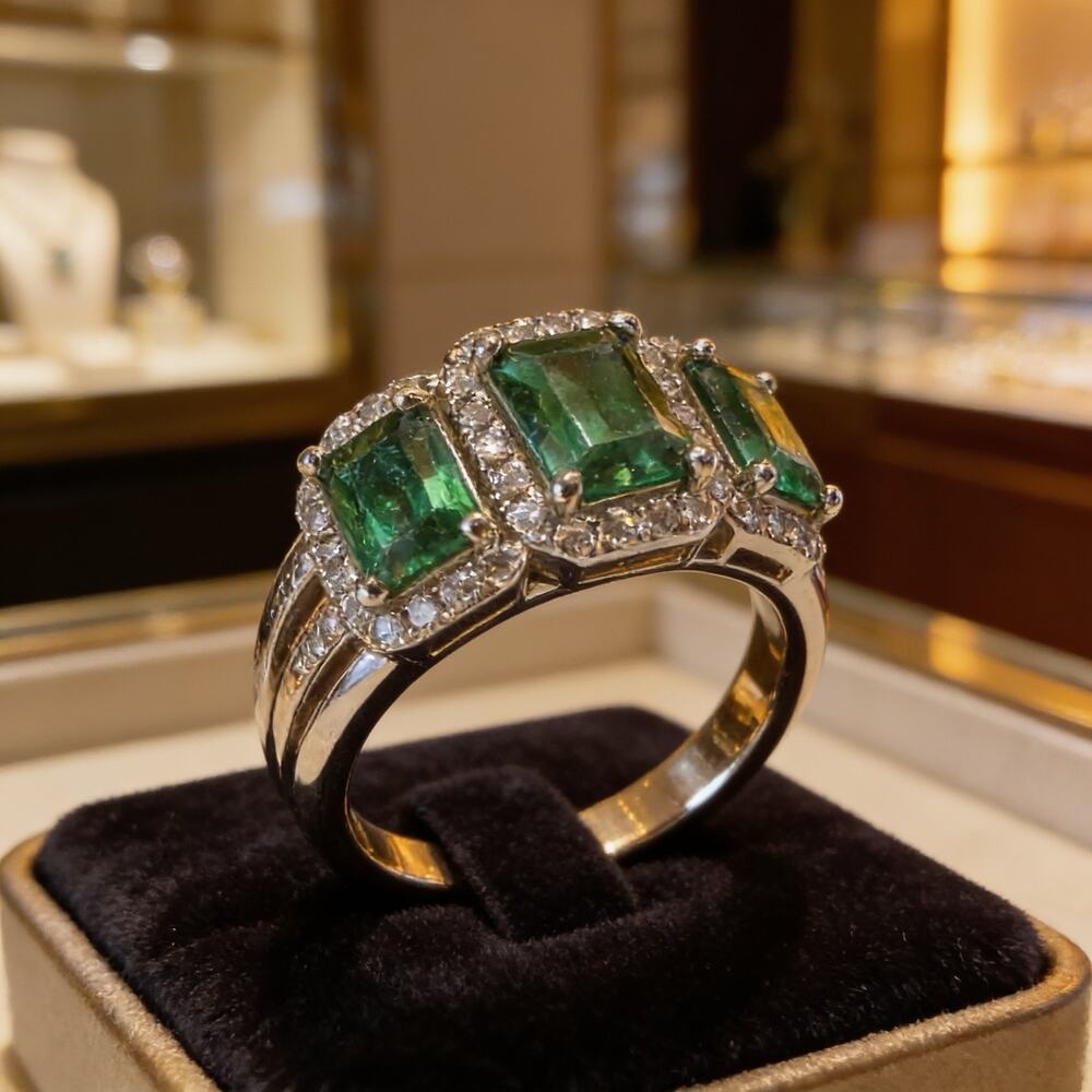 Green Emerald Colored Trilogy Halo Crystal Ring
